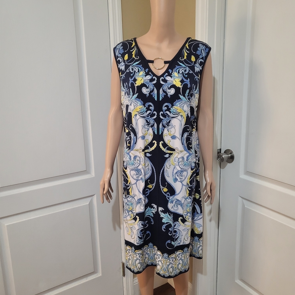 JM Collection Navy and Yellow Patterned Dress